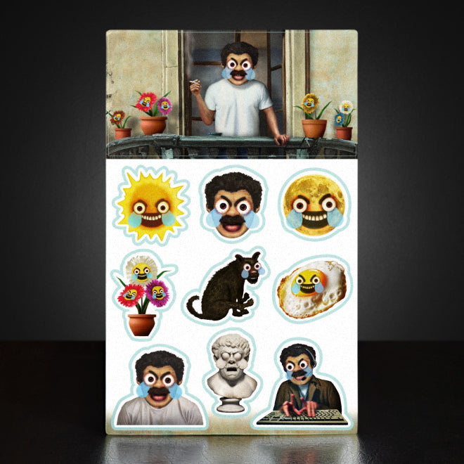 A photo of a Kiszkiloszki AAAaaa sticker sheet. The stickers include designs such as the AAAaaa Guy, an angry-sad man screaming, with big blue tears running down his face, as well as flowers, a sun, and a dog with similar features.
