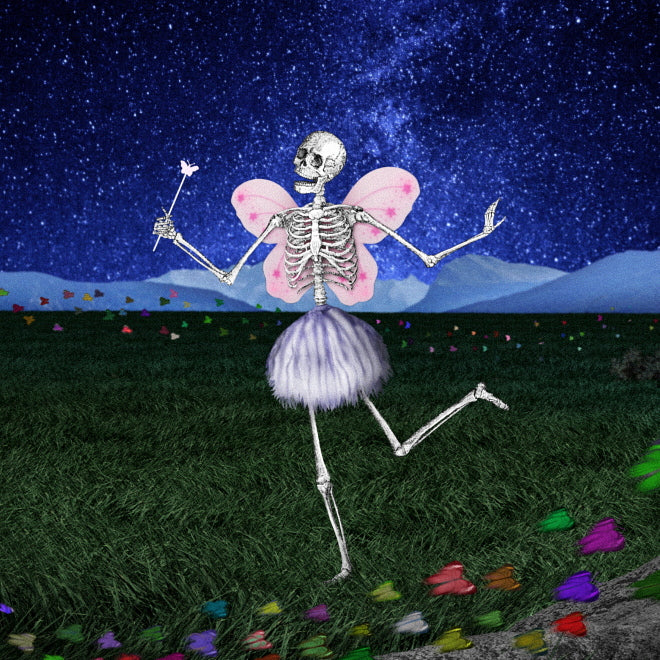 The Death Fairy. A close-up photo of an art print featuring a whimsical skeleton figure with butterfly-like pink wings and a small magical wand. The skeleton is positioned against a vibrant, starry blue background. Colorful butterflies are flying around the Death Fairy.