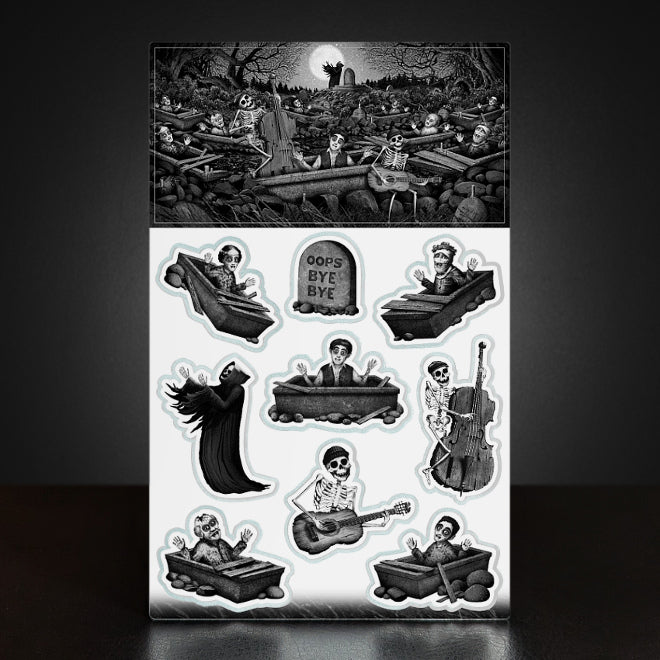 A photo of a Kiszkiloszki Oops Bye Bye sticker sheet. The stickers include designs such as dancing grim reaper in a black robe and a hoodie, skeleton in a beanie playing old broken guitar, a skeleton playing jazz on double bass, happy expired people in coffins clapping their hands.