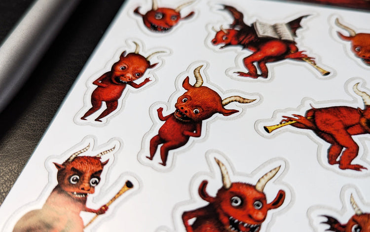 Sticker sheets with cute red devils, skeleton fairy and angry crying man. All comes from Kiszkiloszki animations.