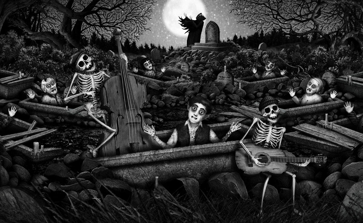 Characters form the "Remember" animation by Kiszkiloszki. Happy skeletons and smiling dead people in open graves singing a song, playing music and clapping hands. B&W picture. 