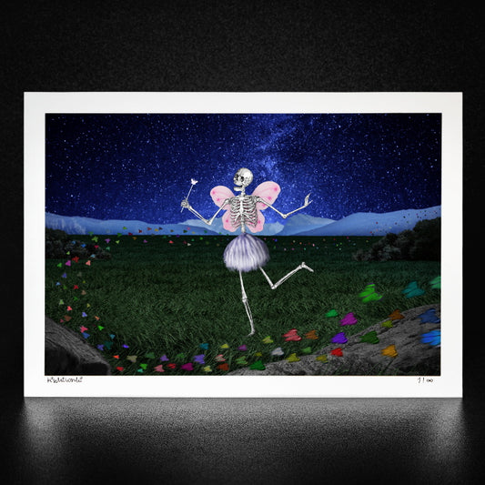 The Death Fairy. A  photo of an art print featuring a whimsical skeleton figure with butterfly-like pink wings and a small magical wand. The skeleton is positioned against a vibrant, starry blue background. Standing in the green grass. Colorful butterflies are flying around the Death Fairy.