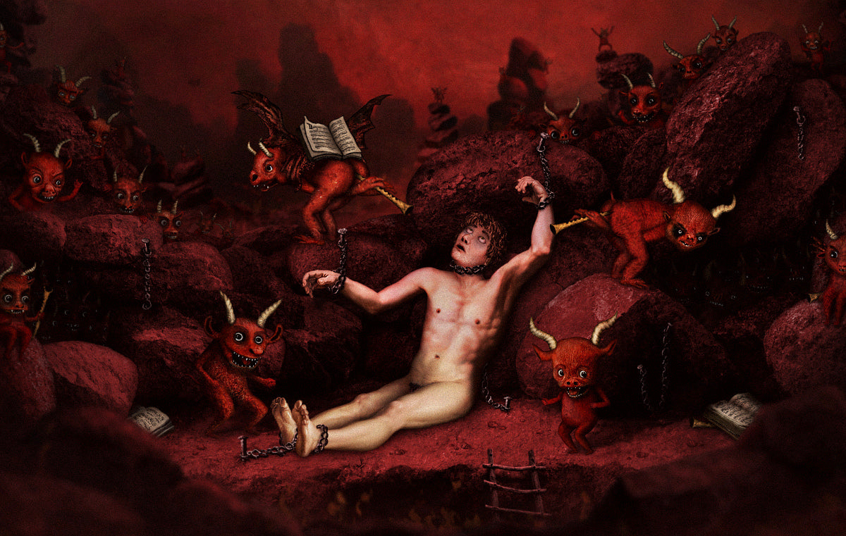 A terrified and tired, naked man sits chained in Hell. Red light and flickering flames illuminate the rocks. Around him, devils and demons dance joyfully and play music on trumpets comically placed between their buttocks.