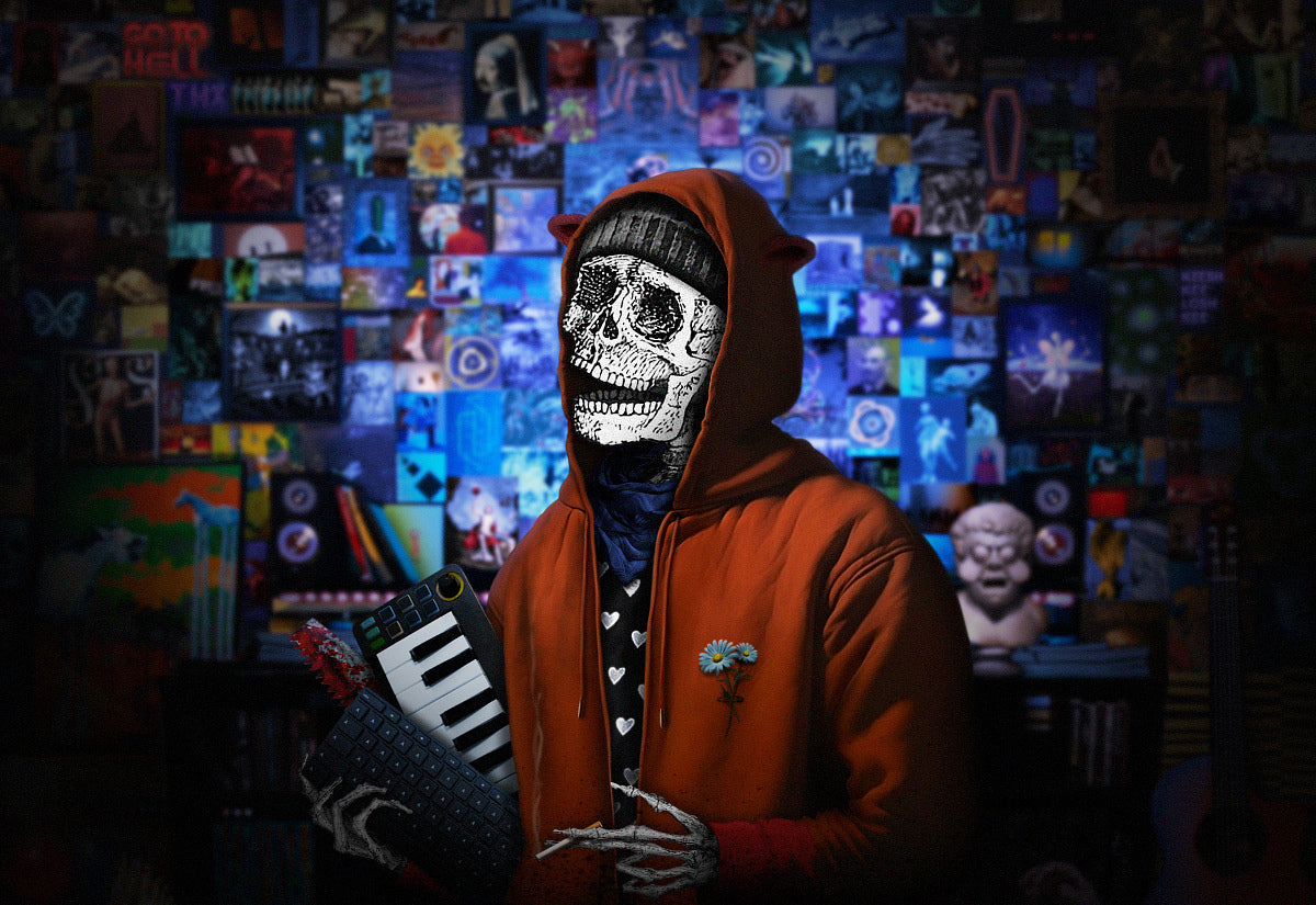 A self-portrait of Kiszkiloszki.
A giggling skeleton wearing a beanie, a red hoodie with the hood up and small cute ears, and a black t-shirt with white hearts underneath. In their hands, they hold a MIDI keyboard, a computer keyboard, and a bloodstained handsaw. In the other hand, a cigarette. They stand against the backdrop of their studio, dimly lit with blue lighting, decorated with hundreds of paintings and clippings from art magazines.