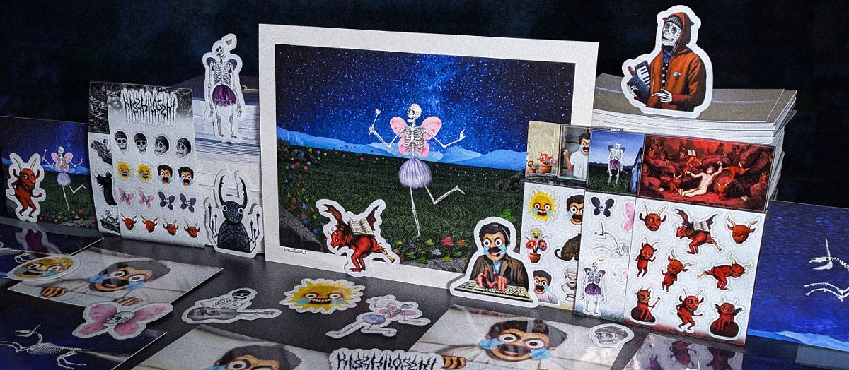 Stickers, art prints, and postcards designed and produced by Kiszkiloszki, featuring characters from Kiszkiloszki’s animations. From The Death Fairy to red devils hilariously playing trumpets with their butts.