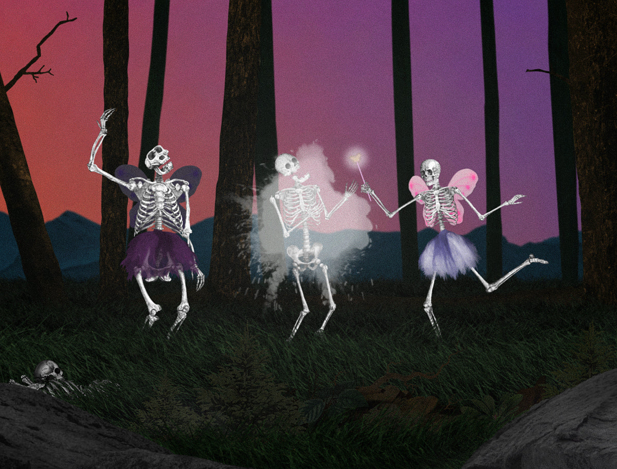 The Death Fairy (a smiling skeleton wearing a tutu and butterfly wings) and the Death Fairy Helper are dancing in the forest while the Death Fairy is performing a magic trick on a human being, changing them to skeleton with her magic wand. Characters from Kiszkiloszki animations.