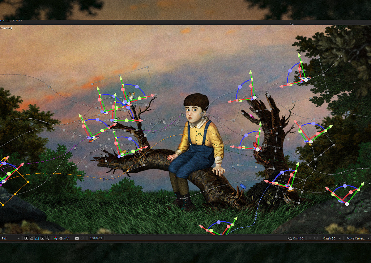 Screenshot from the animating software. A cute boy is sitting on a broken tree. Around him, there are curved lines indicating the movement of various elements and markings of animation tools.