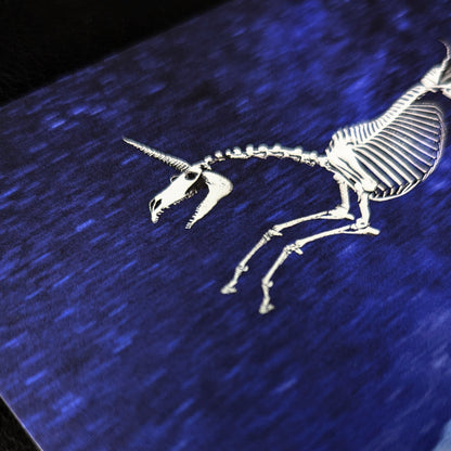 A close-up photo of a postcard featuring a flying skeletal unicorn with a wide smile, set against a blurry, starry night sky.